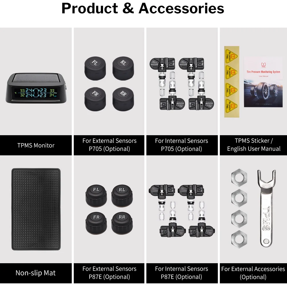 Deelife TPMS Solar Tire Pressure Monitoring System 0-116 psi 0-8 bar TMPS Car Tyre Pressure Monitor Internal External Sensor
