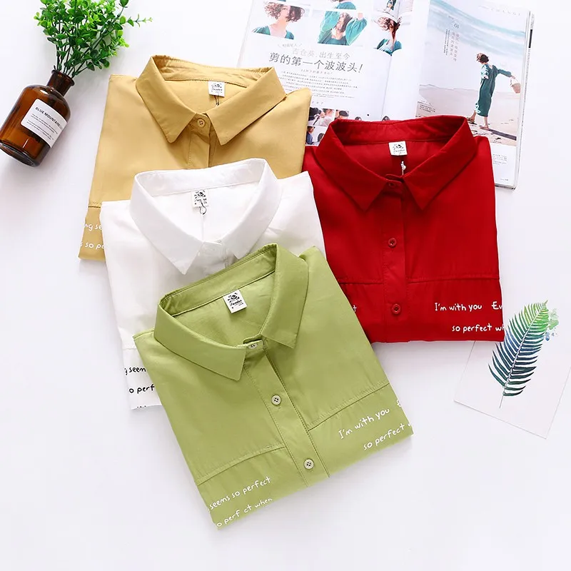 Simple Casual Lapel Shirt Women Letter Print Loose Blouse Spring Autumn Long Sleeve White Shirts 2020 New
