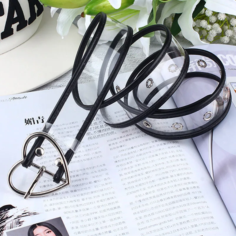 Heart black New Design Women Transparent Belt Heart Round Square Metal Pin Buckle Waist Dress Jeans White Fashion Waistband Straps Z40 - Цвет: Heart black