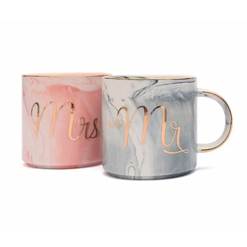 Мода 11,2 унций Mr& Mrs кружки набор из 2 мраморных чайных кофейных чашек кружка свадебный подарок - Color: Pink