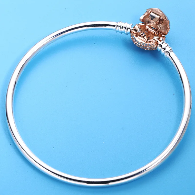 925 Sterling Silver Rose Gold Moments Pave Heart Clasp Crystal Pan Bracelet Bangle Fit Women Bead Charm Diy Europe Jewelry
