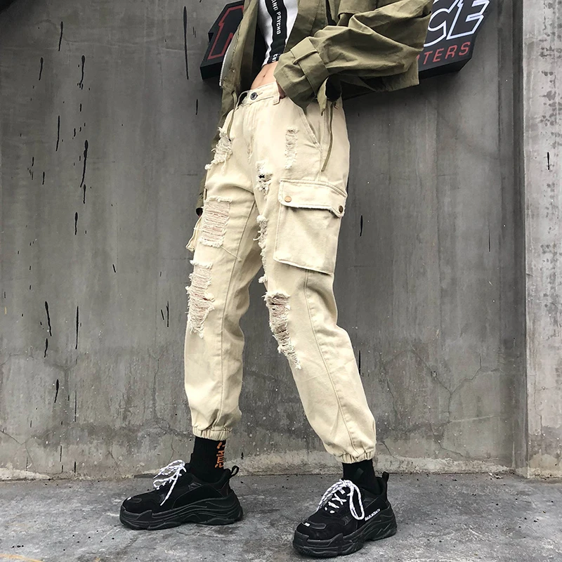 Hiphop Dance Pants Ripped Hole Destroyed Women Pantacourt Rock Sports Pants Female Streetwear Bf Hip Hop Harem Pants OS015