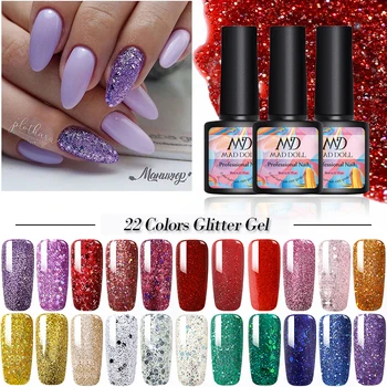 

MAD DOLL 8ml Shiny Glitter Gel Varnish Hybrid Nails Art LED UV Gel Polish Shiny Sequins Gel Nail Polish Neon Semi Permanent Gel