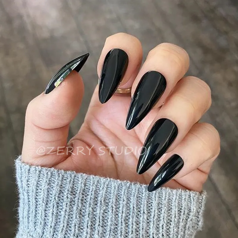 

Black Stiletto Fake Nails Short Impress Press On Nails False Plastics Sharp Faux Ongles Colored Nail Art Fingernails Nep Nagels