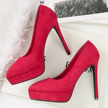 

2020 Women Platform Extreme 12cm High Heels Scarpins Flock Pumps Female Fetish Pink Heels Lady Wedding Bridal Dress Red Shoes