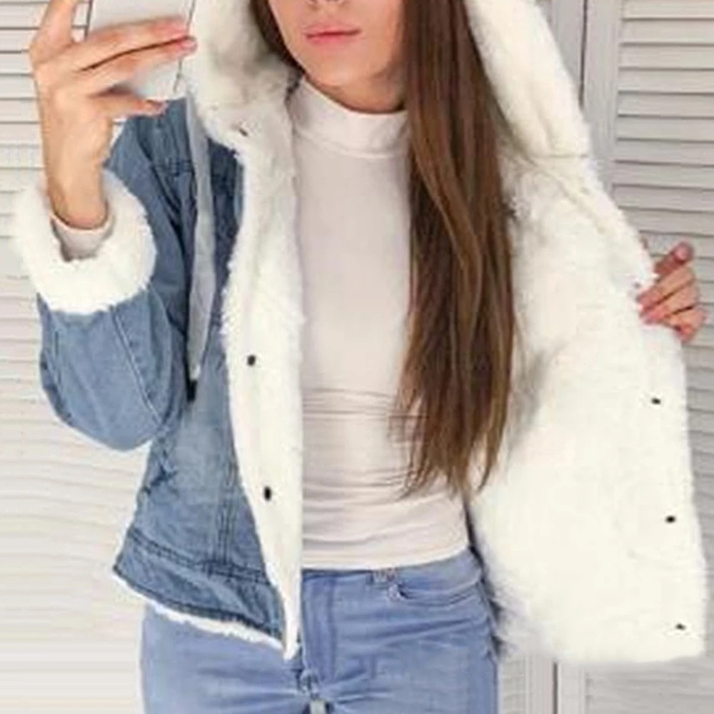 

2020 New Women Denim Jacket With Fur Winter Jeans Warm Hooded Velvet Jacket Femme Faux Fur Collar Padded Coats Bomber Windbreake