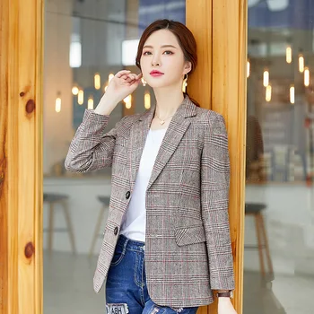 

Women's single coat 2019 autumn new casual fashion temperament lattice slim wild single-breasted small suit women's shirt