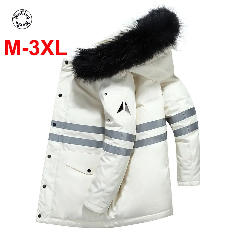 

2020 men's down coat reflective strip thickened white duck down medium length Hooded down jacket fur collar M to 3XL