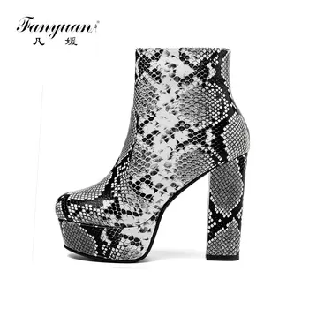 

fanyuan Ankle Boots Women Platform Shoes Snake Prints Autumn Winter Ladies Boots Zip High Heel Boots Female Size 34-43
