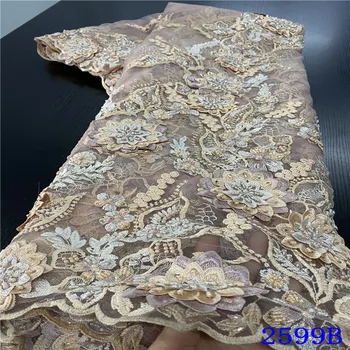 

2020 High Quality Nigerian Tulle Lace Fabrics Latest Beaded Stone Sequins Mesh African Lace Fabric French Bride Material 5 yards