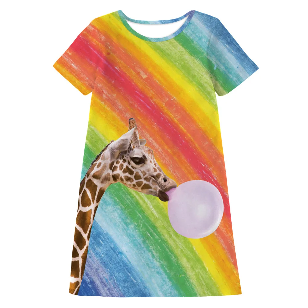 Summer 2020 New Soft Thin Fabric Teenage Girls Dress Cartoon Giraffe Rainbow Printed Children Clothing 10 12 Years | Детская одежда и