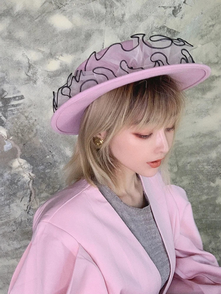 WHITNEY WANG Winter Fashion Streetwear Ruffles Patchwork Wool Caps Women Wide Brim Flat Top Hat Jazz Cap