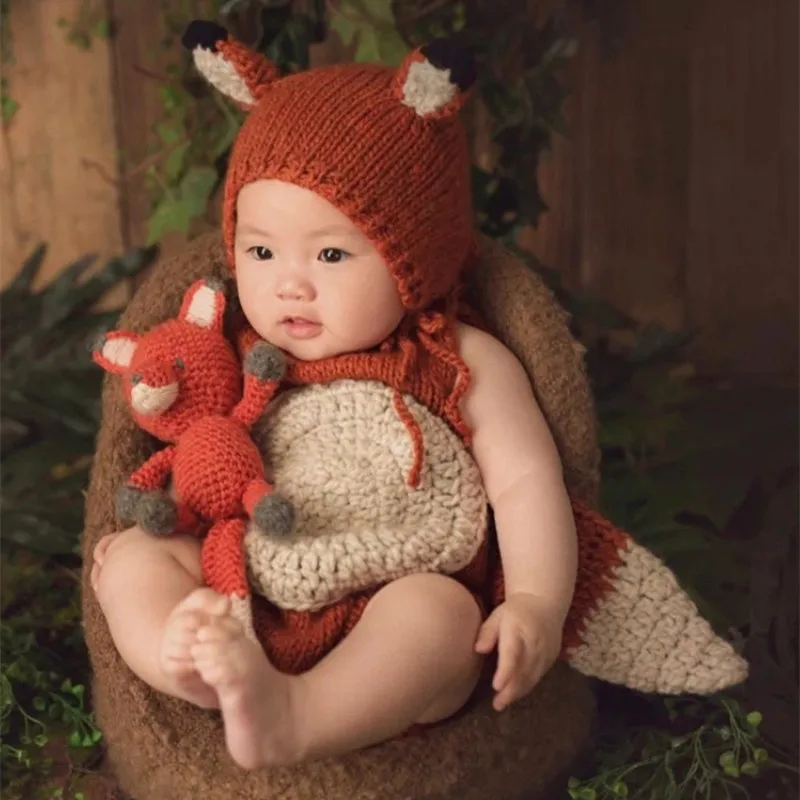 Одежда для новорожденных Фотография милый комплект с лисой шляпа нагрудник с хвостом Детские аксессуары для съемки вязаный костюм лисы Аксессуары Для фотосъёмки