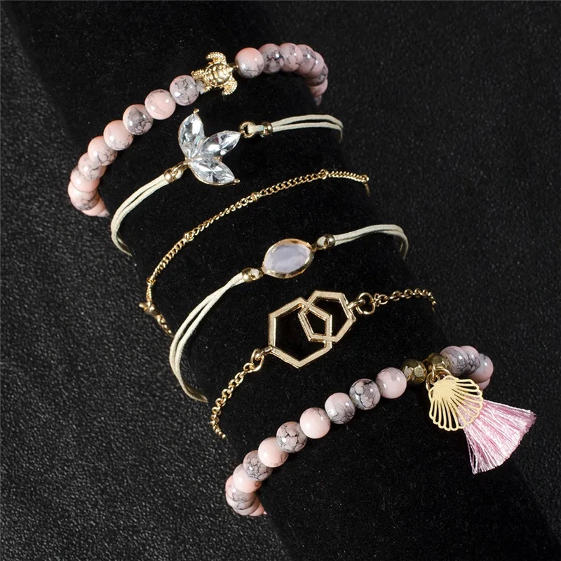 Women Bracelets Set Boho Gem Shell Turtle Leaf Bead Chain Leather Multilayer Bracelet Charm Lady Gold Jewelry Gift
