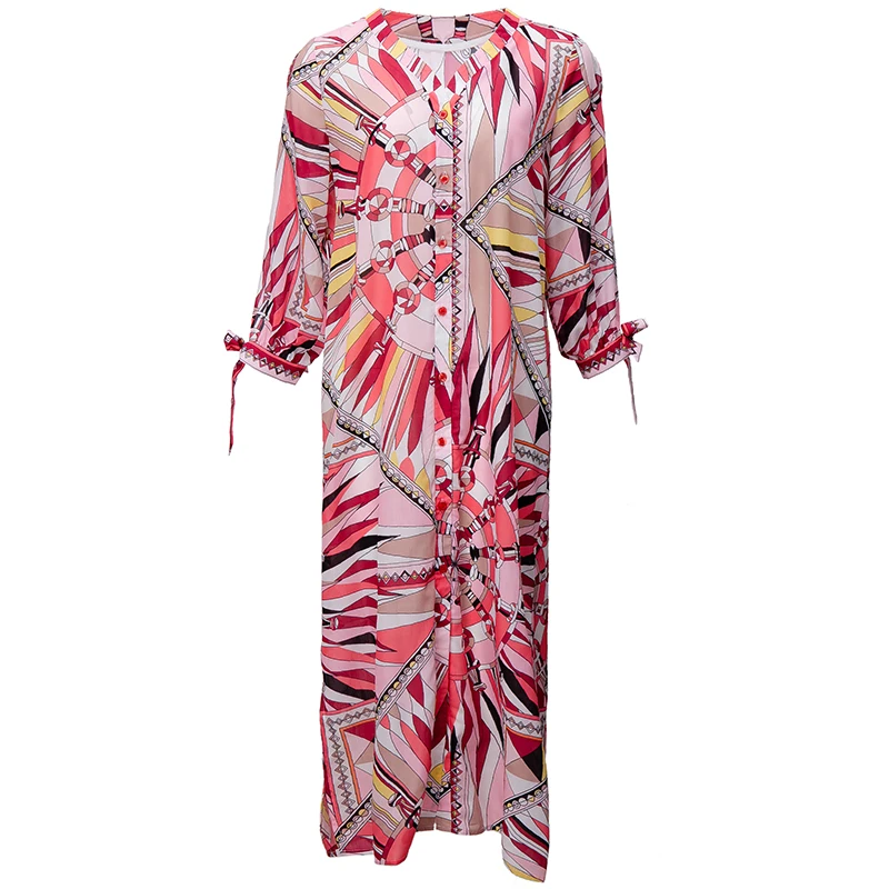 LD LINDA DELLA Autumn Fashion Loose Plus Size Dress Designer Women V-Neck Single-breasted Print Holiday Vintage Midi Dress