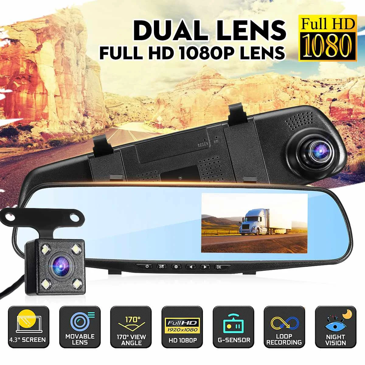 4,3 ''Full HD 1080P Автомобильный видеорегистратор Камера заднего вида зеркало заднего вида камера с двумя объективами цифровой видеорегистратор циклическое видео