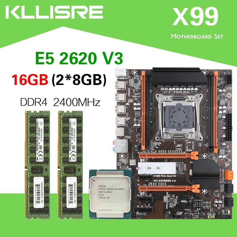 Комплект материнской платы Kllisre X99 с процессором Xeon E5 2620 V3 2 шт. X 8 ГБ = 16 2400 МГц DDR4