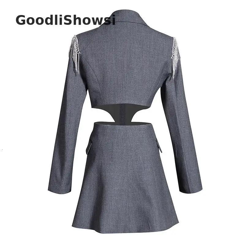 GoodliShowsi,, высокая уличная мода, женское платье-блейзер с зубчатым отворотом, бриллиантами, кисточками, с талией, однобортное платье