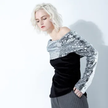 

[EWQ] 2020 New Spring Slash Neck Long Sleeve Metal Color Sequins Split Joint Loose Ways Wear Sweatshirt Women Fashion JL830