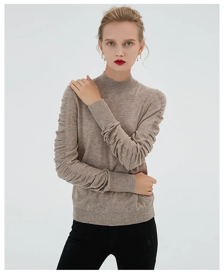 Осень-зима, шерстяной женский свитер, новинка, чистый цвет, поролоновые рукава, нижняя рубашка, самосовершенствование, легко сочетающийся вязаный свитер