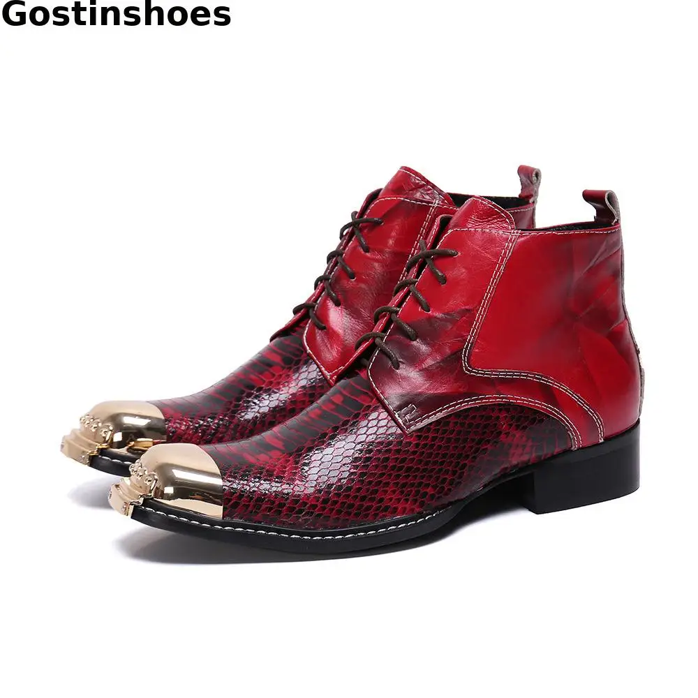 

Red Genuine Leather Snake Skin Printed Fashion Boots Lace Up Heigth Increased Metal Cap Toe Pointed Side Zipper Men Work Boots