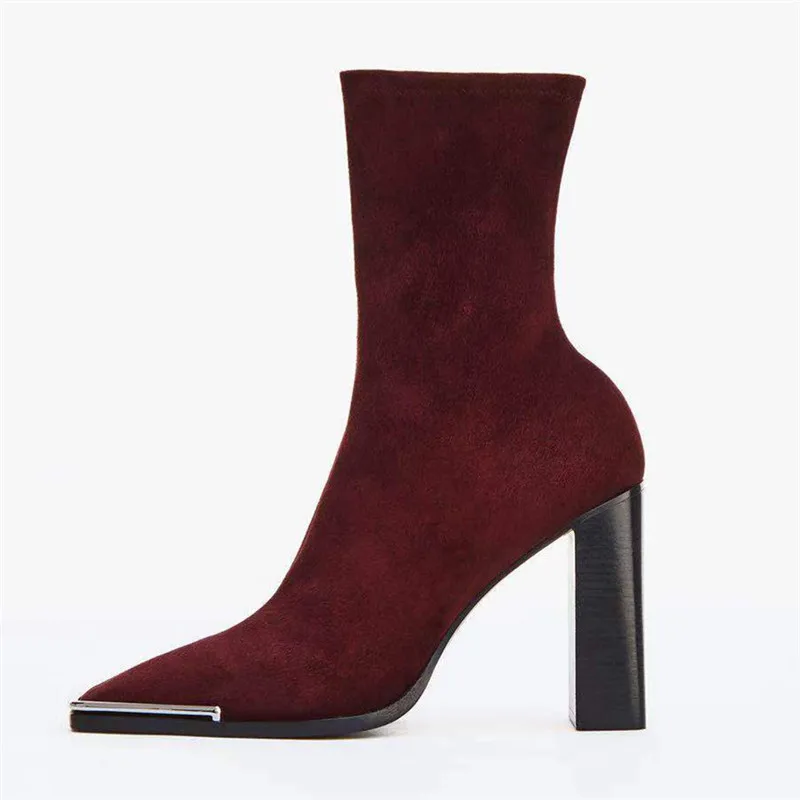 Claret Suede Short Ботинки с квадратным носком и металлическим украшением; женские ботинки до середины икры на очень высоком квадратном каблуке с боковой молнией; Новое поступление года; женские ботинки - Цвет: Claret Suede Short