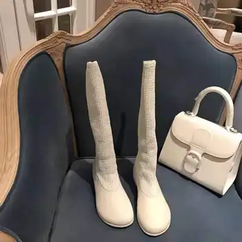 

All soft leather horse leather quality assurance round head high tube low heel boots fashion slim elastic socks women 2020 new