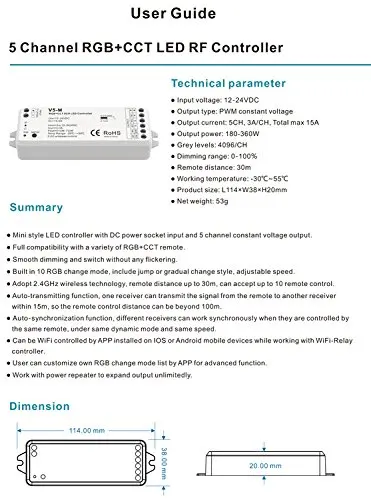 5 каналов RGB+ CCT светодиодный Радиоконтроллер 5CH 3A/CH PWM постоянное напряжение 12-24VD JK051