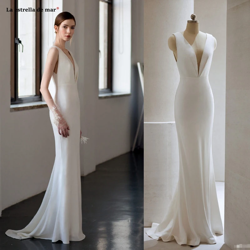 Vestido de noiva новое атласное сексуальное платье с v образным вырезом цвета слоновой