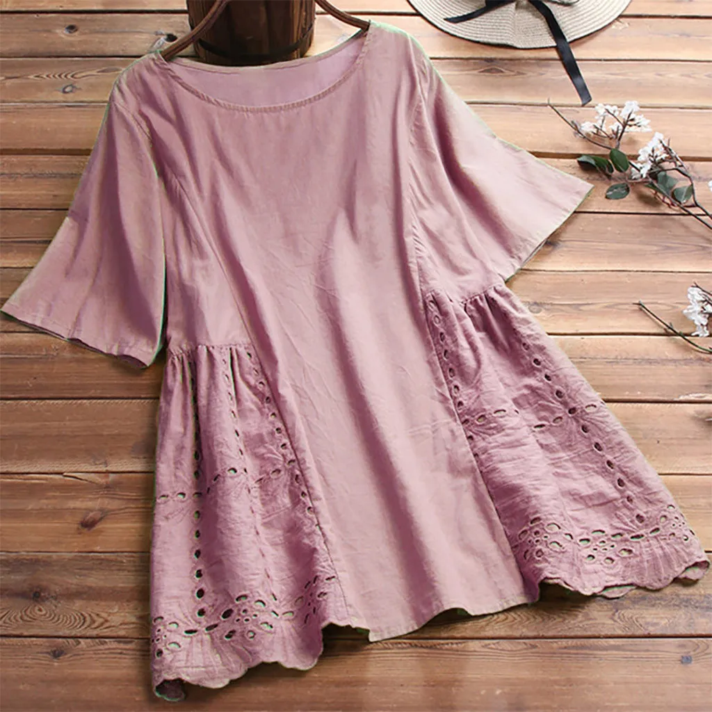 Женская винтажная блузка с круглым вырезом коротким рукавом и кружевом|Блузки| |