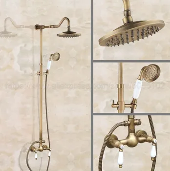 

Antique Brass Wall Mounted 8" Rain Shower Faucet Mixer Set with Bathroom Shower Faucet Hand Shower Sprayer zan518