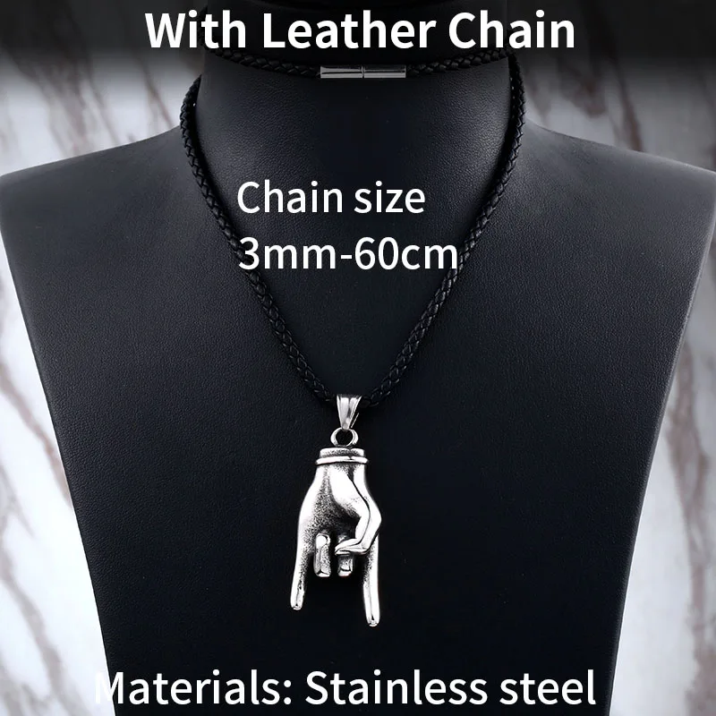 with leather chain Сталь солдат победный жест Дизайнерское колье Нержавеющая сталь панк Для мужчин рок рука кулон с подвеской для Для мужчин - Окраска металла: with leather chain