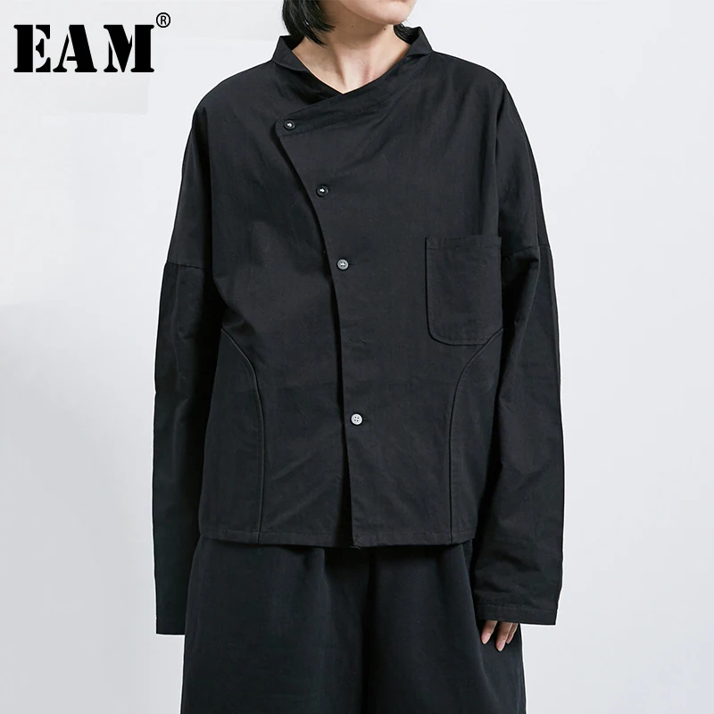 

[EAM] Loose Fit Black Oblique Button Split Big Size Jacket New Stand Collar Long Sleeve Women Coat Fashion Spring 2020 1R279