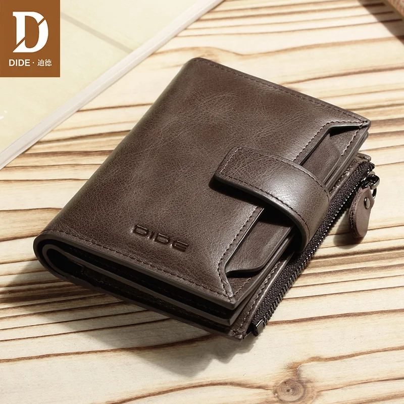 DIDE Wallet Men Genuine Leather Men's Vintage Cowhide Short Purse With Zipper Coin Large capacity coffee khaki|Кошельки| |