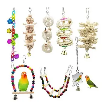 

8Pcs/Set Bird Parrot Chewing Toys Natural Wood Hanging Bell Pet Hammock Swing Climbing Ladders Perch Mirror