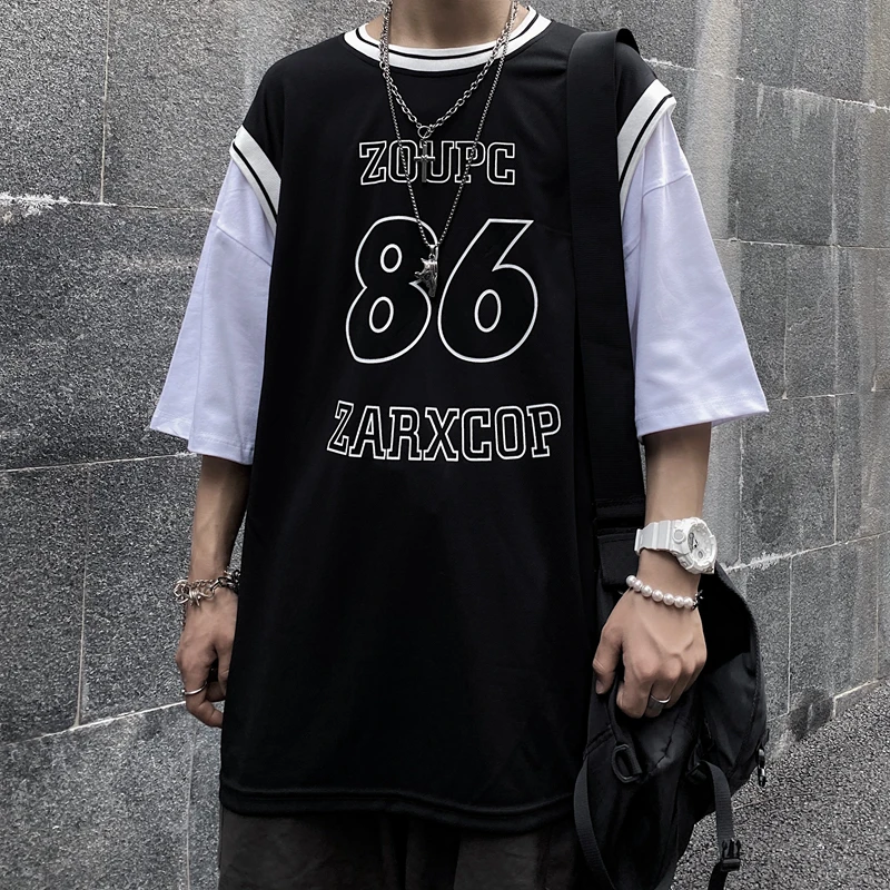 

Hip Hop Summer Patchwork Fake two pieces number print t-shirts All-match Hit color Punk Style clothes high quality Harajuku top