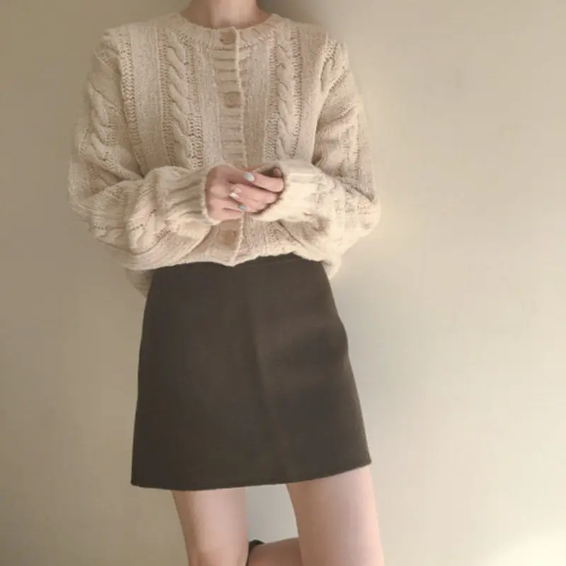 Beige sweater RICININA, винтажный свитер, пальто, женский кардиган, длинный рукав, о-образный вырез, пуговицы, крученый, однотонный, открытый шов, свитера, женские кардиганы - Цвет: Beige sweater