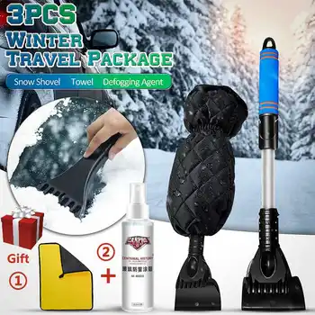 

4PCS Car Snow Brush Removal Extendable Ice Scraper and Golves Detachable Snow Mover With Polishing Towel Cleaning Tools
