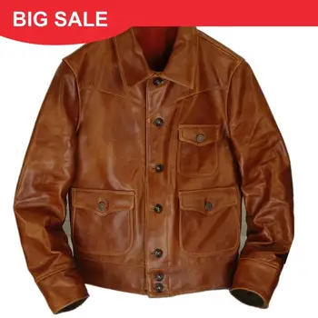 

2020 Brown Men American Casual Style Leather Jacket Single Breasted Large Size 4XL Genuine Cowhide Autumn Slim Fit Leather Coat