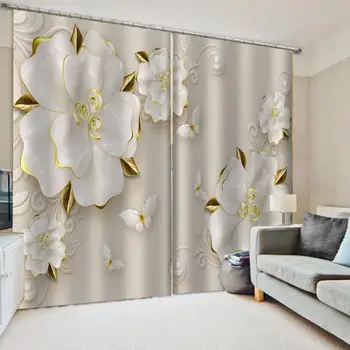 

white 3D Curtain Printing Blockout Polyester relief flower curtains windproof thickening blackout fabric