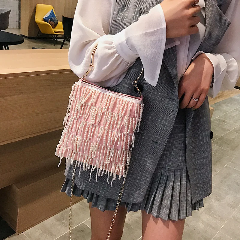 

Summer white bead girl bag new 2019 Korean version of leisure innovation personality one-shoulder slanted su girl small bag
