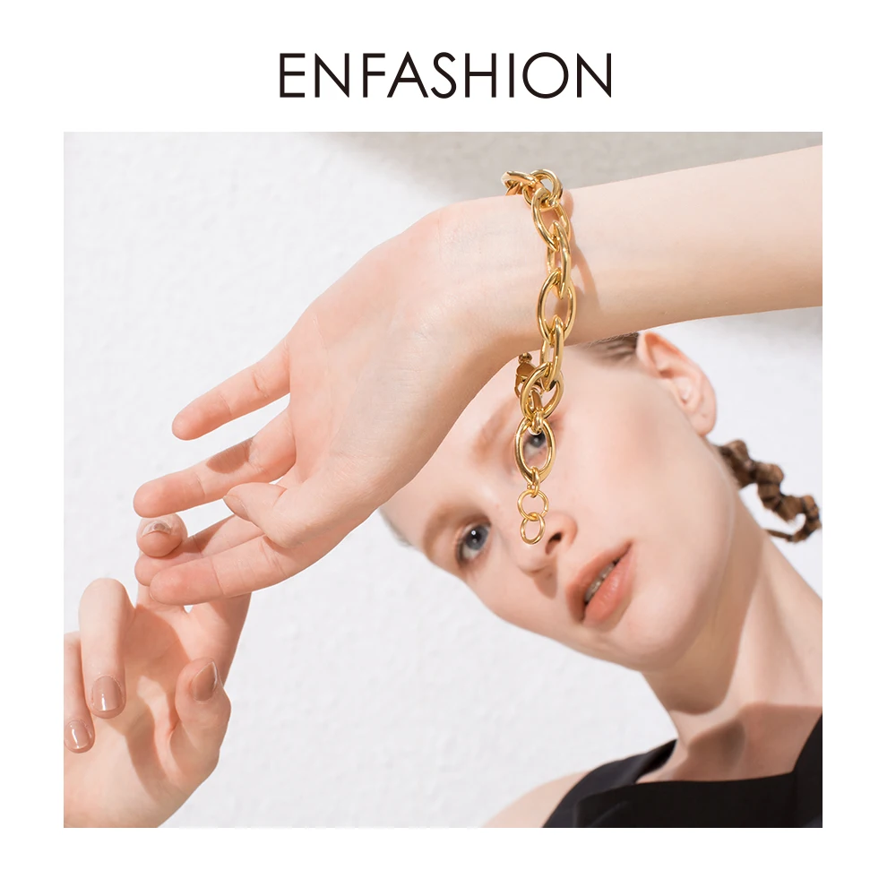 Ceny ENFASHION Punk Link Chain bransoletki bransoletki dla kobiet złoty kolor gruby łańcuch ze stali nierdzewnej bransoletka biżuteria BM192012
