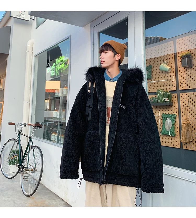 Winter Lamb Hair Jacket Men Warm Thick Parka Men Fashion Solid Color Fur Collar Hooded Coat Man Streetwear Loose Cotton Clothes