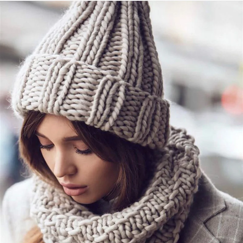 Women Hand Made Knitting Hat Beanies for Women Winter Warmer Ear Thick Soft Beanie Cap Lady Fashion Chunky Knitted Rib Hats