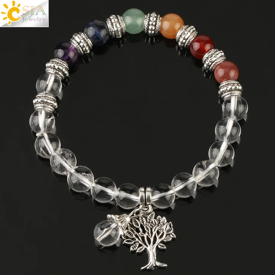 White Crystal Csja рейки натуральный камень 7 Чакра Дерево жизни браслет смешанные цвета бисера Баланс йога браслет для женщин мужчин целебные ювелирные изделия G166 - Окраска металла: White Crystal