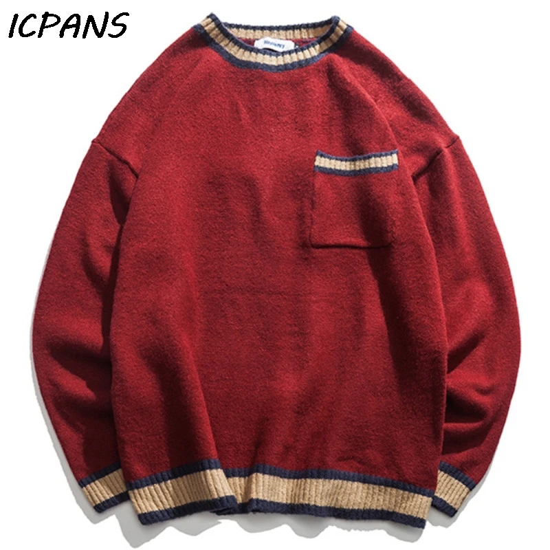 ICPANS мужские пуловеры с круглым вырезом, в полоску, с передним карманом, свободные, в японском стиле, в стиле хип-хоп, уличная одежда, пуловер,, осень, весна