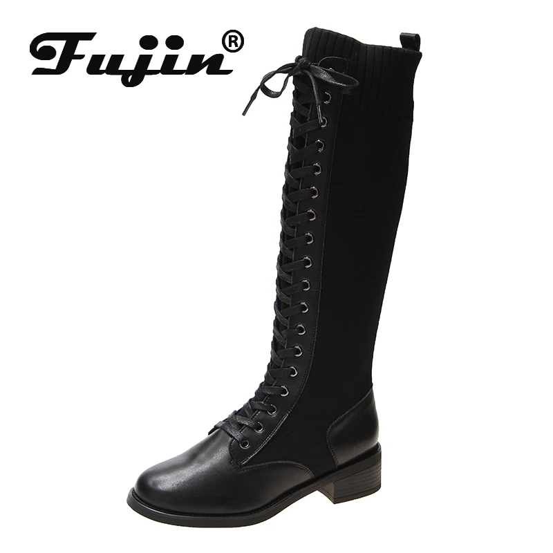 

Fujin Women Boots Plush Round Toe Dropshipping Hoof Heel Mid Calf Long Height Flat Bottom Cross Tied Causal Fashion Women Boots