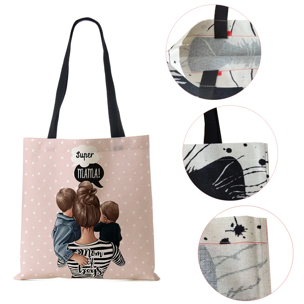 Cute Cartoon Super Mama Print Linen Tote Bag Reusable Shoulder Bags Mom and Baby Folding Women Casual Handbags Lady Fabric Totes shoulder bag canvas tote bag