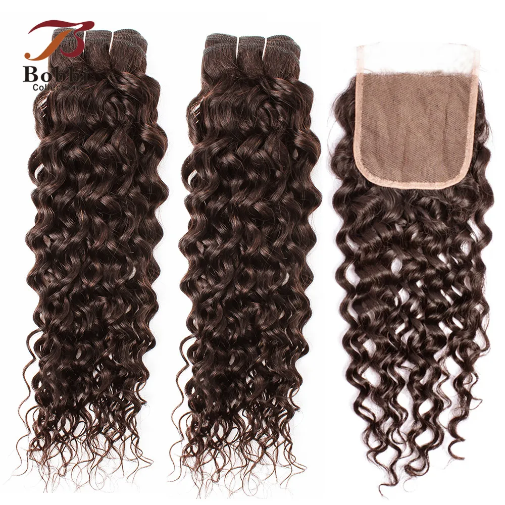 

BOBBI COLLECTION Brazilian Water Wave Hair Color 2 Dark Brown 3/4 Bundles with Lace Closure Non Remy Human Hair Weave 10-24 inch