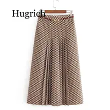 Юбки с высокой талией и принтом, женская модная юбка с поясом на талии, женские элегантные плиссированные юбки до середины икры, женские юбки